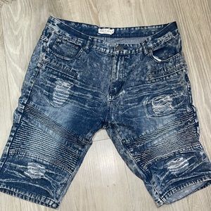 Mens blue denim distressed jean shorts size 38